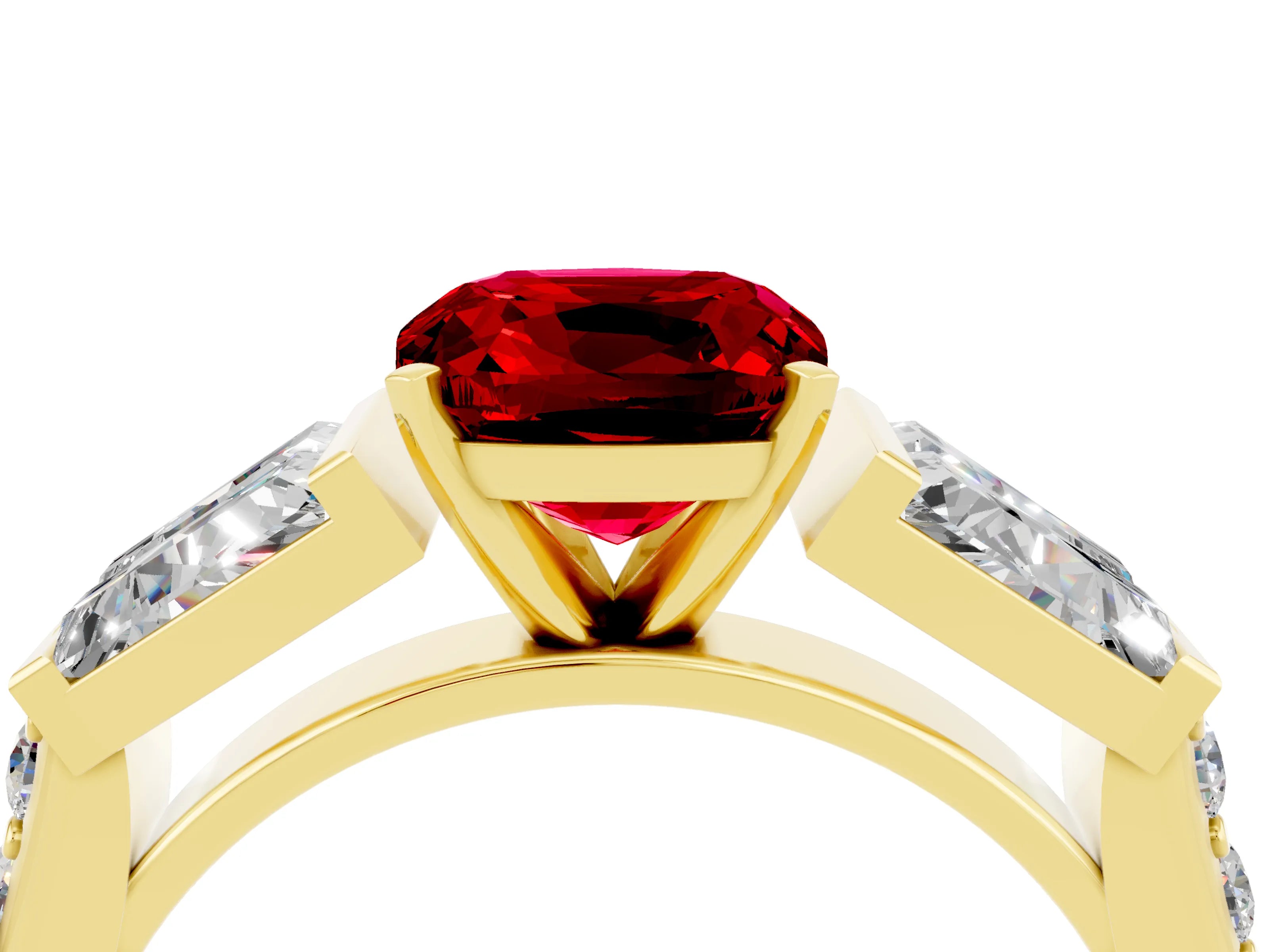 Yellow gold Cushion Cut Ruby Engagement Ring with Baguette Side Stones and Channel Set Band_4
