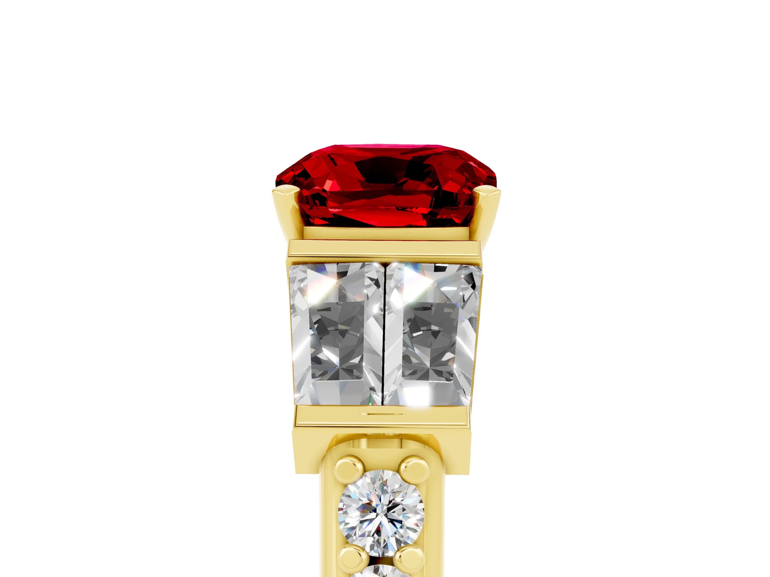 Yellow gold Cushion Cut Ruby Engagement Ring with Baguette Side Stones and Channel Set Band_5