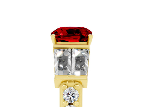 Yellow gold Cushion Cut Ruby Engagement Ring with Baguette Side Stones and Channel Set Band_5