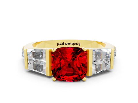 Yellow gold Cushion Cut Ruby Engagement Ring with Baguette Side Stones and Channel Set Band