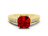 Yellow gold Cushion Cut Ruby Engagement Ring with Milgrain Channel Set Band and Prong Setting