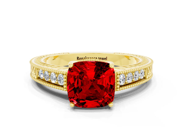 Yellow gold Cushion Cut Ruby Engagement Ring with Milgrain Channel Set Band and Prong Setting