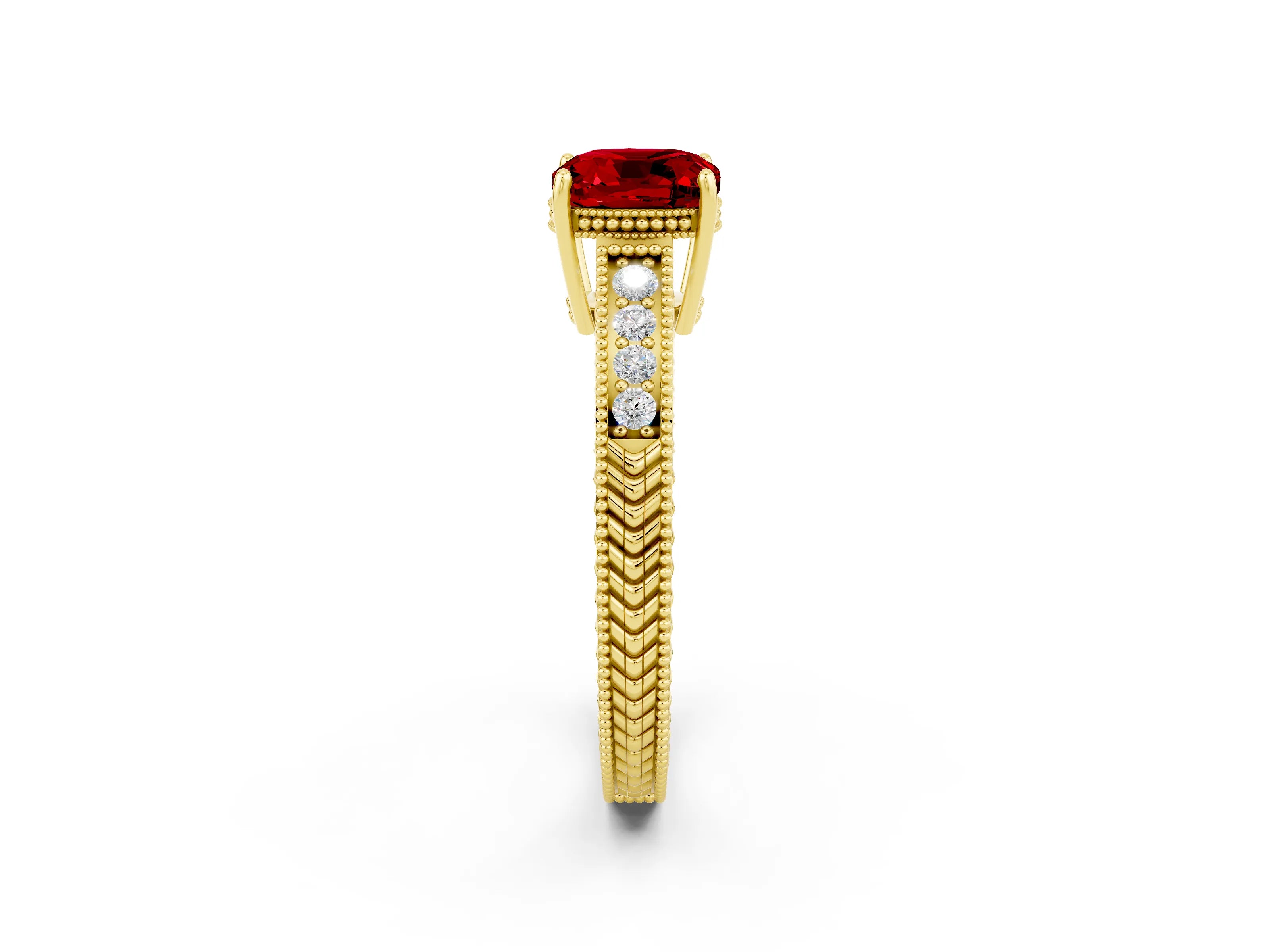 Yellow gold Cushion Cut Ruby Engagement Ring with Milgrain Channel Set Band and Prong Setting_2