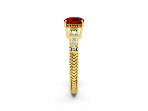 Yellow gold Cushion Cut Ruby Engagement Ring with Milgrain Channel Set Band and Prong Setting