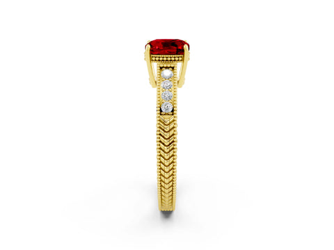 Yellow gold Cushion Cut Ruby Engagement Ring with Milgrain Channel Set Band and Prong Setting_2