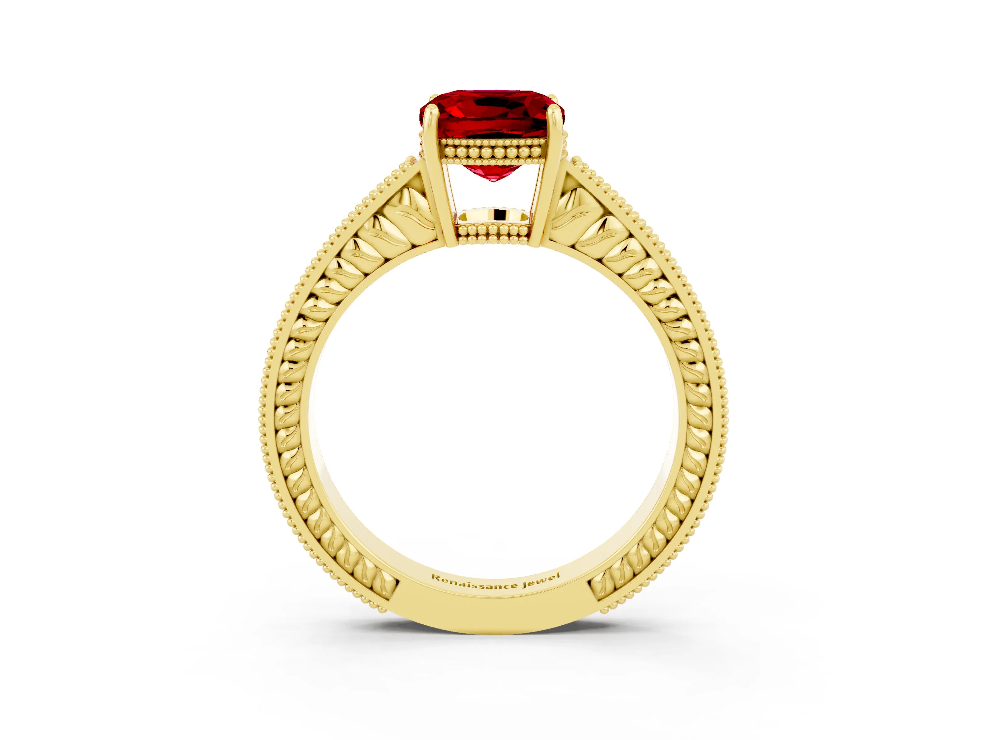 Yellow gold Cushion Cut Ruby Engagement Ring with Milgrain Channel Set Band and Prong Setting_3