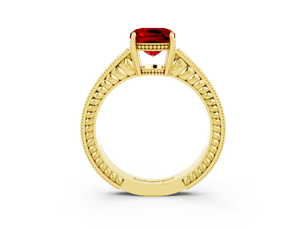 Yellow gold Cushion Cut Ruby Engagement Ring with Milgrain Channel Set Band and Prong Setting