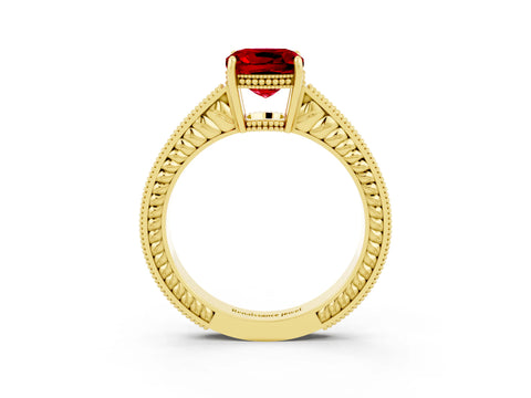 Yellow gold Cushion Cut Ruby Engagement Ring with Milgrain Channel Set Band and Prong Setting_3