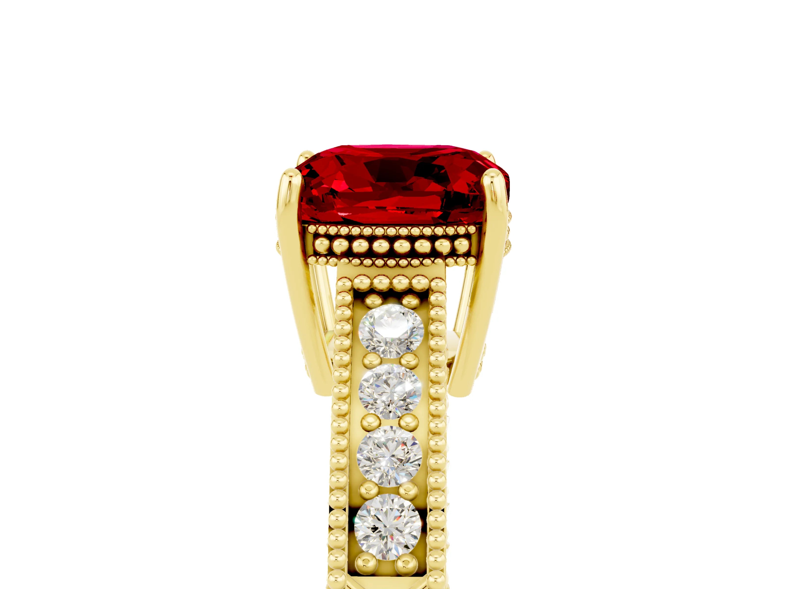 Yellow gold Cushion Cut Ruby Engagement Ring with Milgrain Channel Set Band and Prong Setting_5