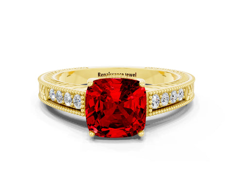Yellow gold Cushion Cut Ruby Engagement Ring with Milgrain Channel Set Band and Prong Setting