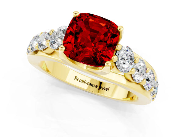 Yellow gold Cushion Cut Ruby Engagement Ring with Pavé Band and Four-Prong Setting