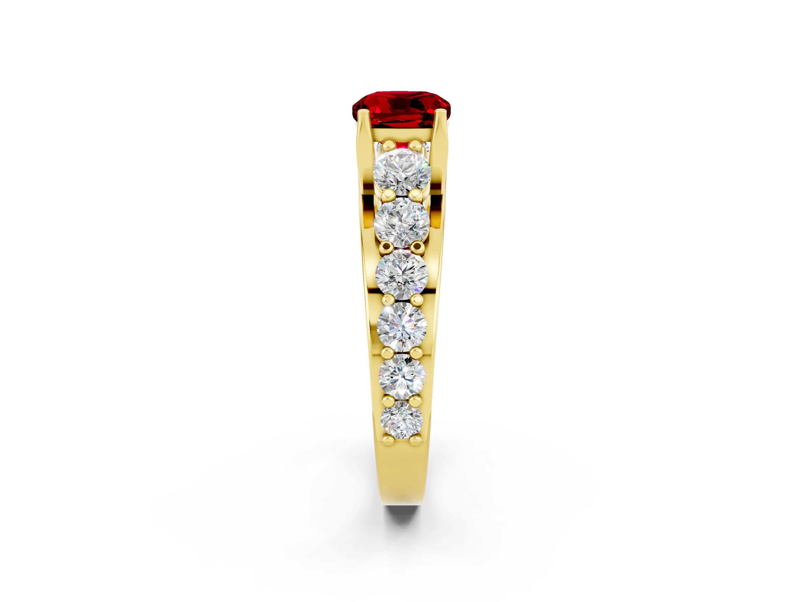 Yellow gold Cushion Cut Ruby Engagement Ring with Pavé Band and Four-Prong Setting_2