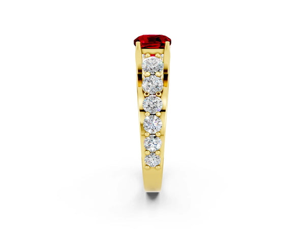 Yellow gold Cushion Cut Ruby Engagement Ring with Pavé Band and Four-Prong Setting