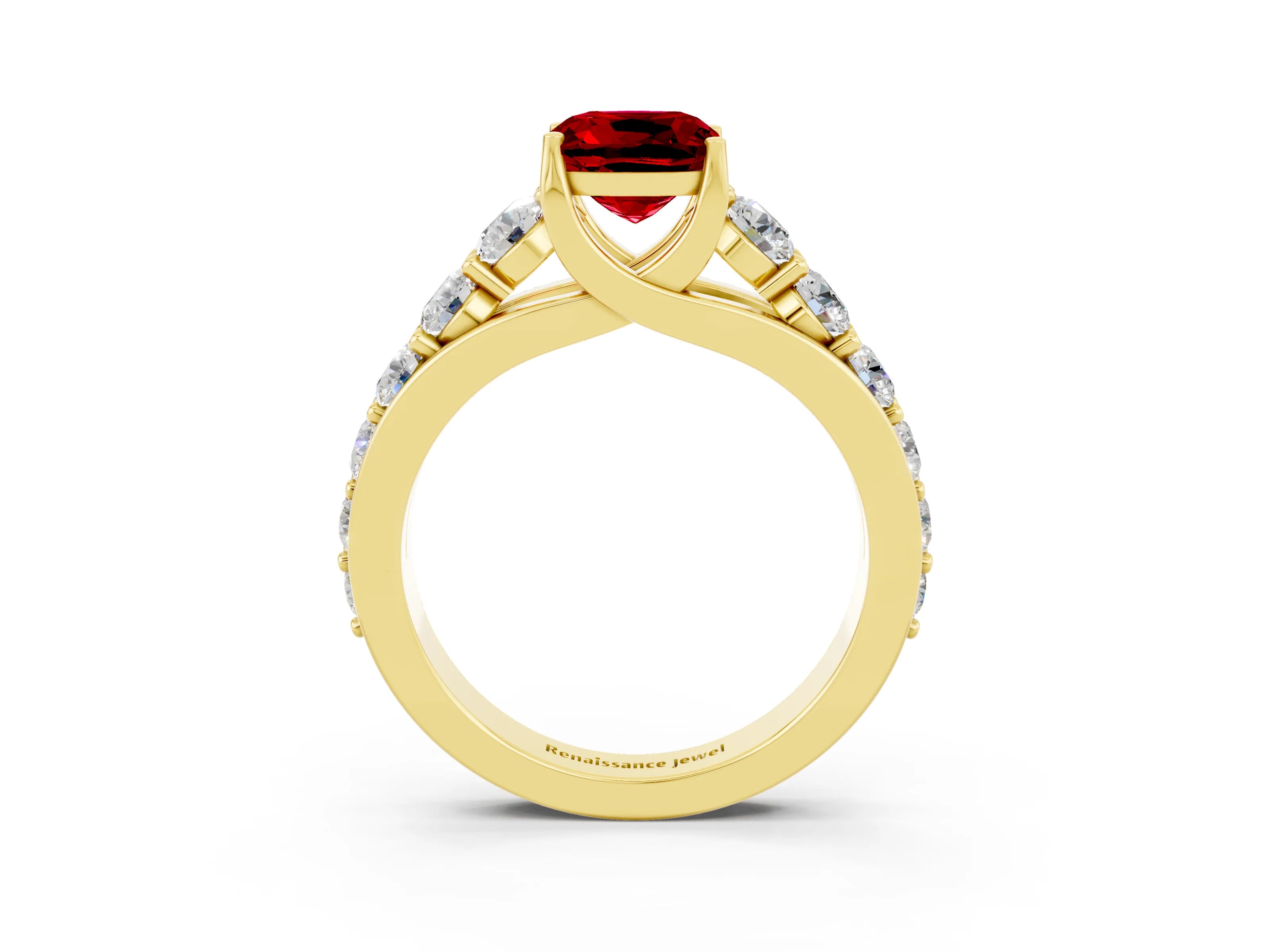 Yellow gold Cushion Cut Ruby Engagement Ring with Pavé Band and Four-Prong Setting_3