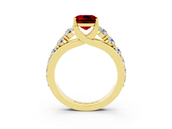 Yellow gold Cushion Cut Ruby Engagement Ring with Pavé Band and Four-Prong Setting