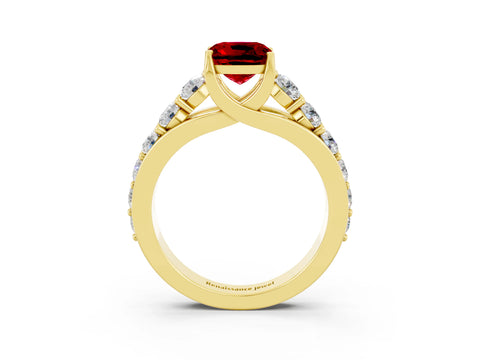 Yellow gold Cushion Cut Ruby Engagement Ring with Pavé Band and Four-Prong Setting_3