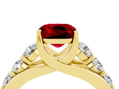 Yellow gold Cushion Cut Ruby Engagement Ring with Pavé Band and Four-Prong Setting_4