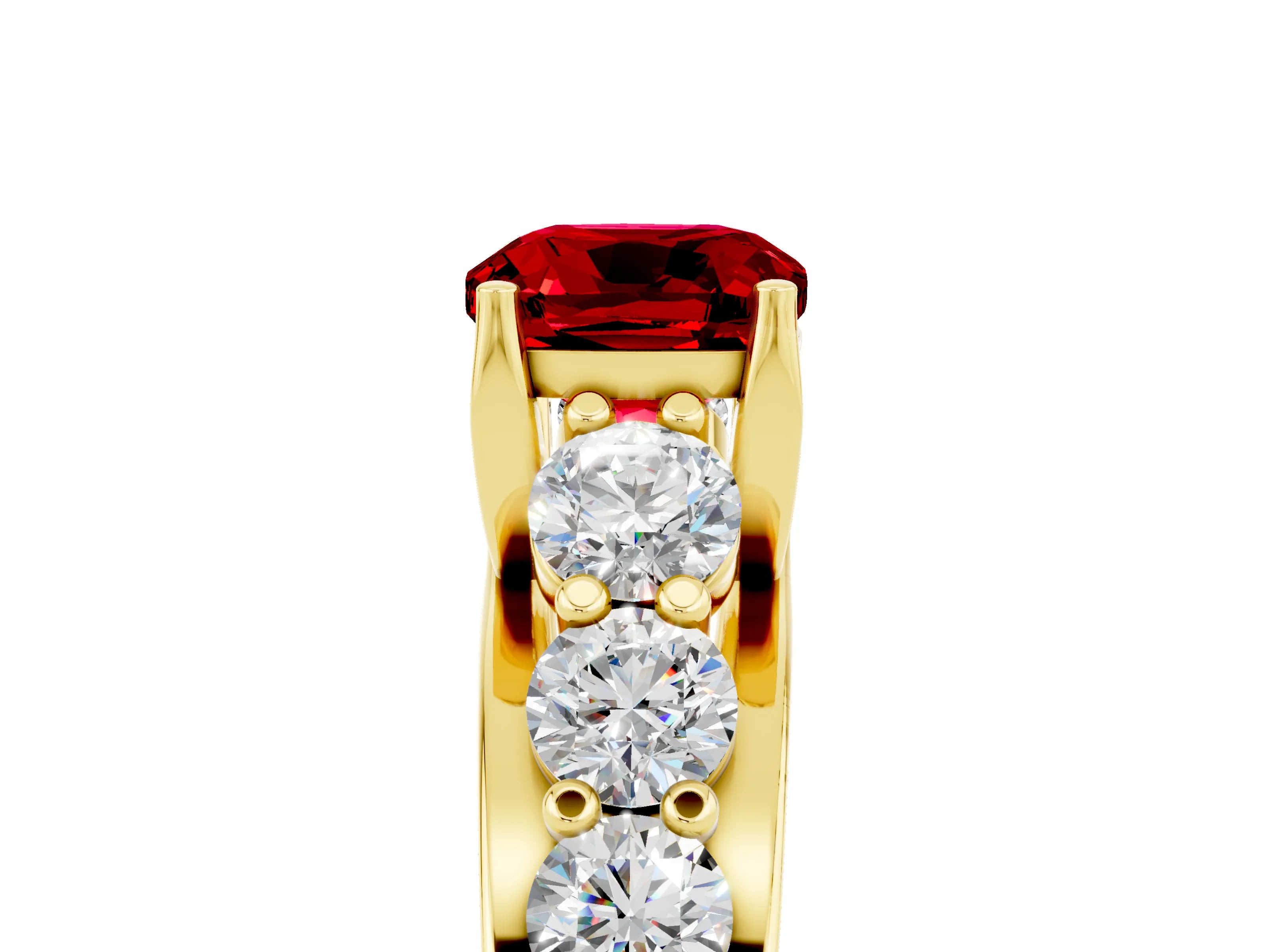 Yellow gold Cushion Cut Ruby Engagement Ring with Pavé Band and Four-Prong Setting_5