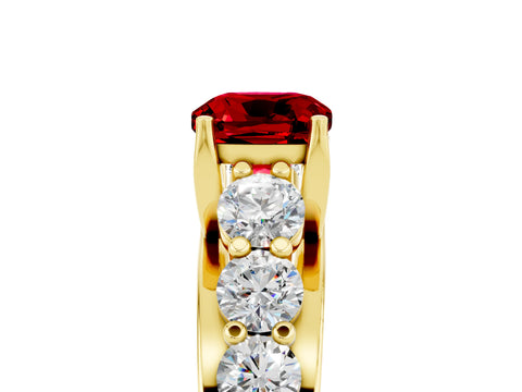 Yellow gold Cushion Cut Ruby Engagement Ring with Pavé Band and Four-Prong Setting_5