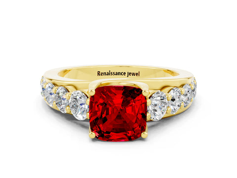 Yellow gold Cushion Cut Ruby Engagement Ring with Pavé Band and Four-Prong Setting