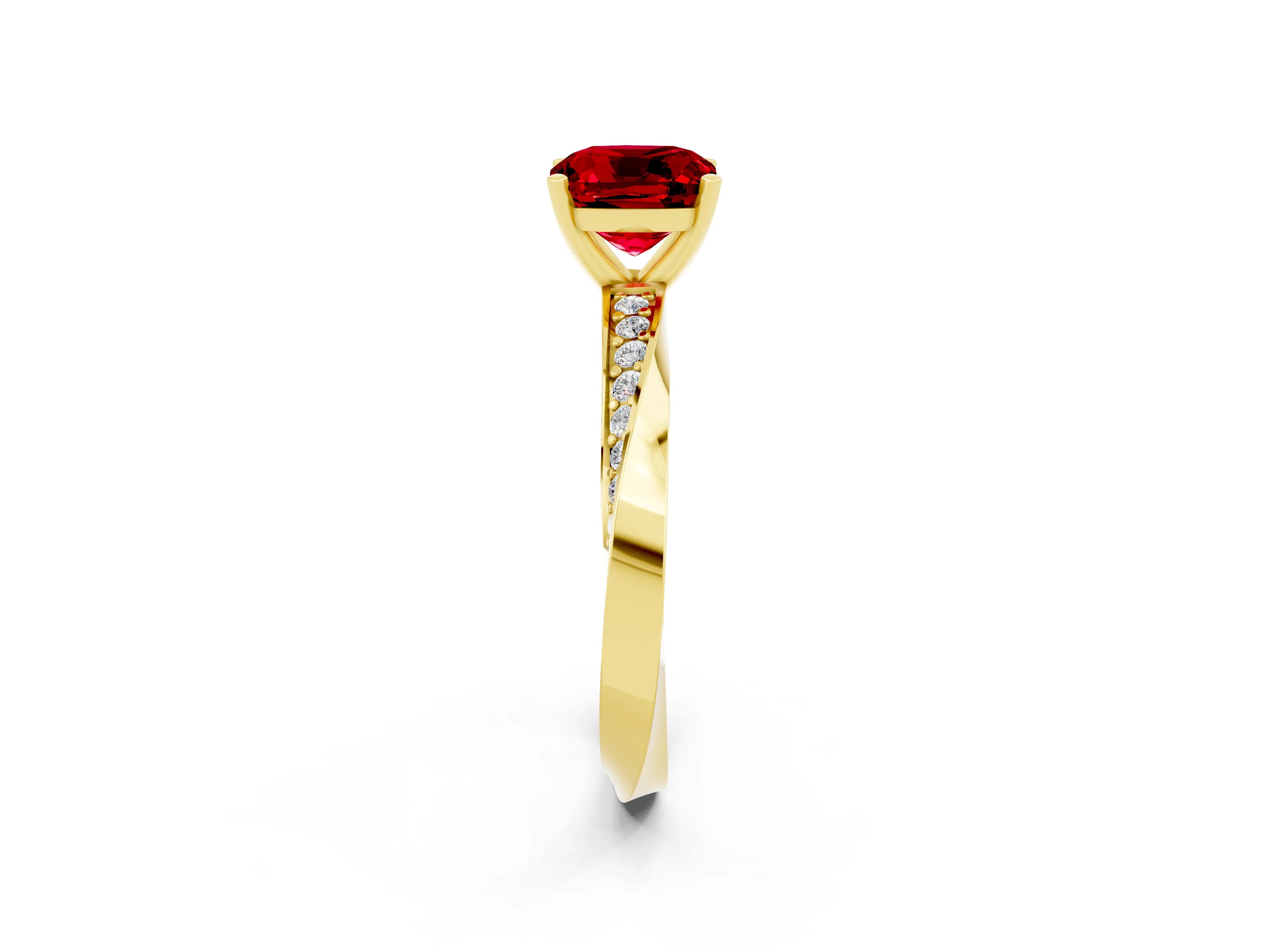 Yellow gold Cushion Cut Ruby Engagement Ring with Side Stone Accents and Four-Prong Setting_29