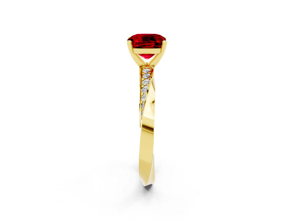 Yellow gold Cushion Cut Ruby Engagement Ring with Side Stone Accents and Four-Prong Setting