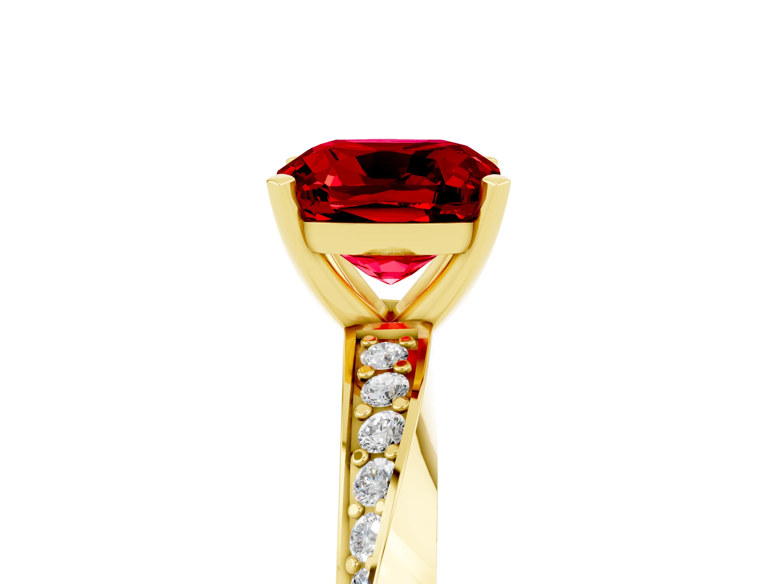 Yellow gold Cushion Cut Ruby Engagement Ring with Side Stone Accents and Four-Prong Setting_32