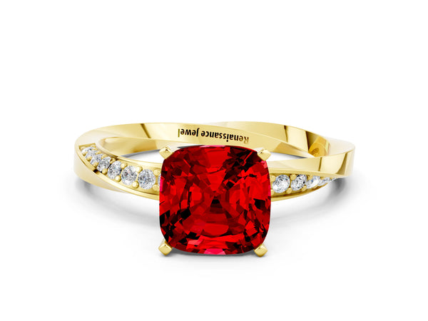 Yellow gold Cushion Cut Ruby Engagement Ring with Side Stone Accents and Four-Prong Setting