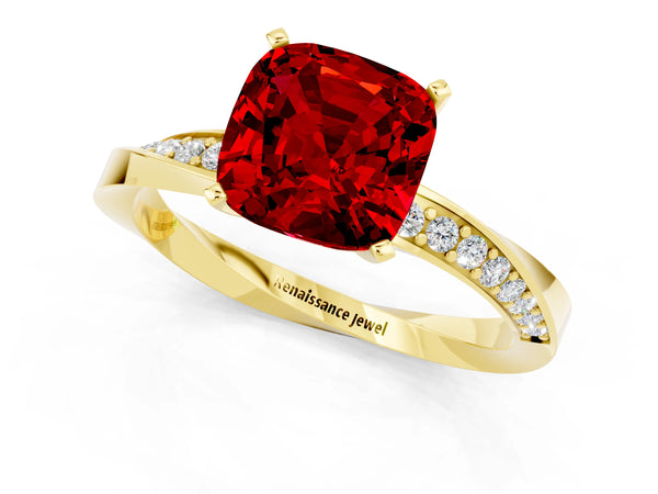 Yellow gold Cushion Cut Ruby Engagement Ring with Side Stone Accents and Four-Prong Setting
