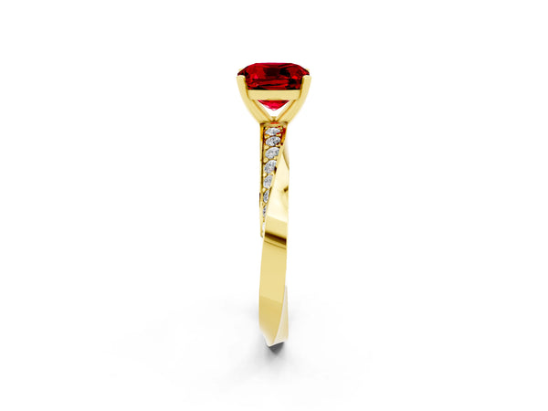 Yellow gold Cushion Cut Ruby Engagement Ring with Side Stone Accents and Four-Prong Setting