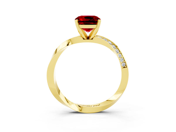 Yellow gold Cushion Cut Ruby Engagement Ring with Side Stone Accents and Four-Prong Setting