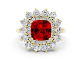 Yellow gold Cushion Cut Ruby Floral Double Halo Engagement Ring with Prong Setting_60