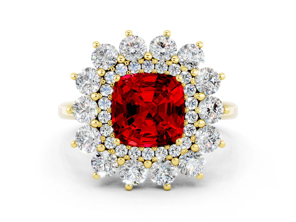 Yellow Gold Cushion Cut Lab-Grown Ruby Floral Double Halo Engagement Ring with Plain Band