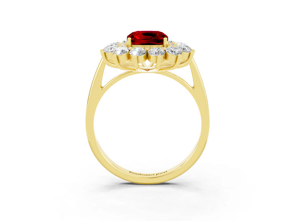 Yellow Gold Cushion Cut Lab-Grown Ruby Floral Double Halo Engagement Ring with Plain Band