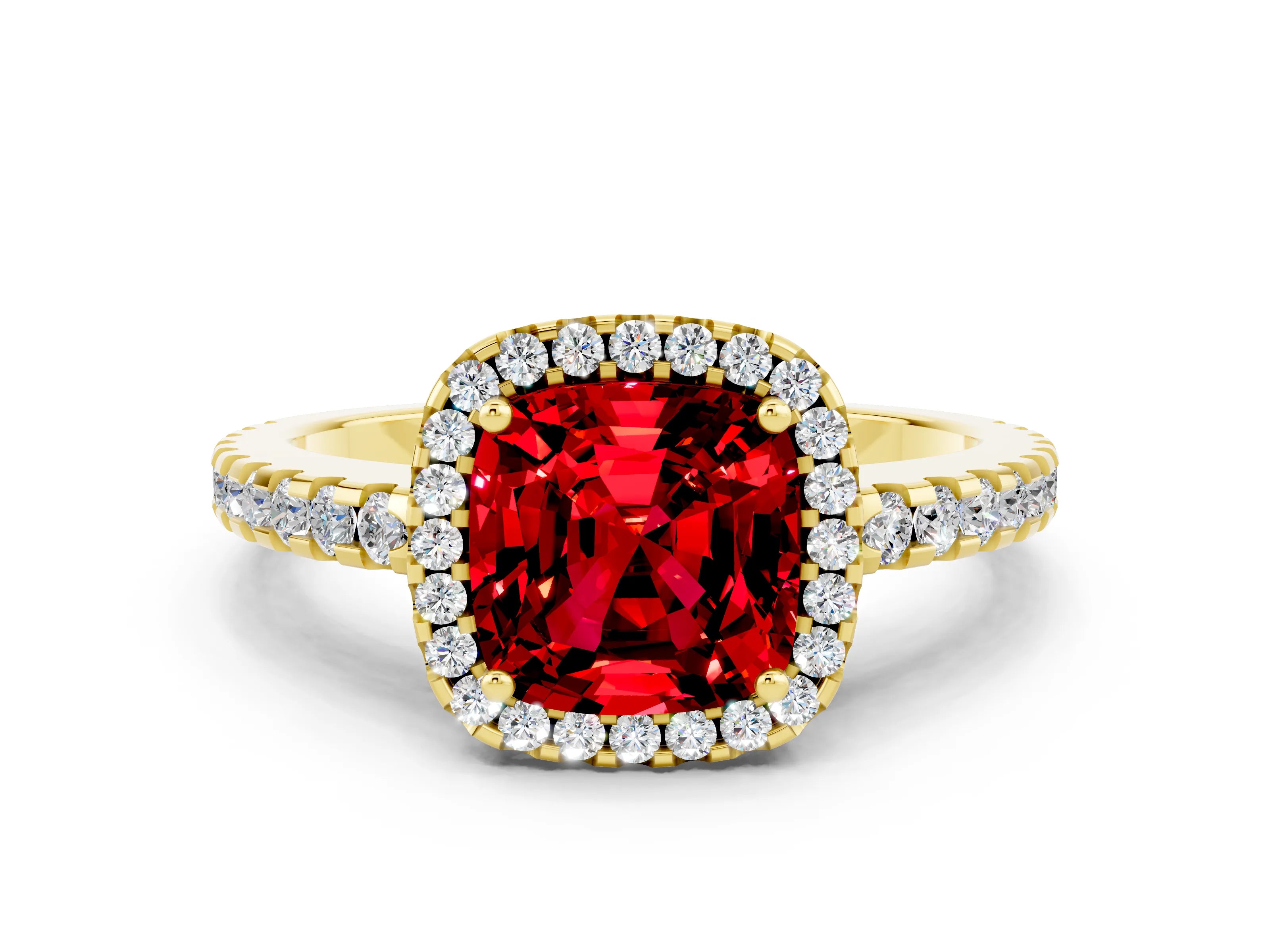 Yellow gold Cushion Cut Ruby Halo Engagement Ring with Pavé Band and Prong Setting_12
