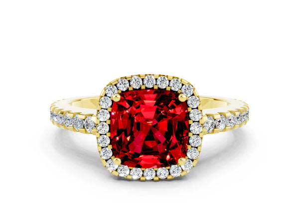 Yellow gold Cushion Cut Ruby Halo Engagement Ring with Pavé Band and Prong Setting