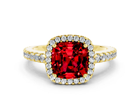Yellow gold Cushion Cut Ruby Halo Engagement Ring with Pavé Band and Prong Setting_12