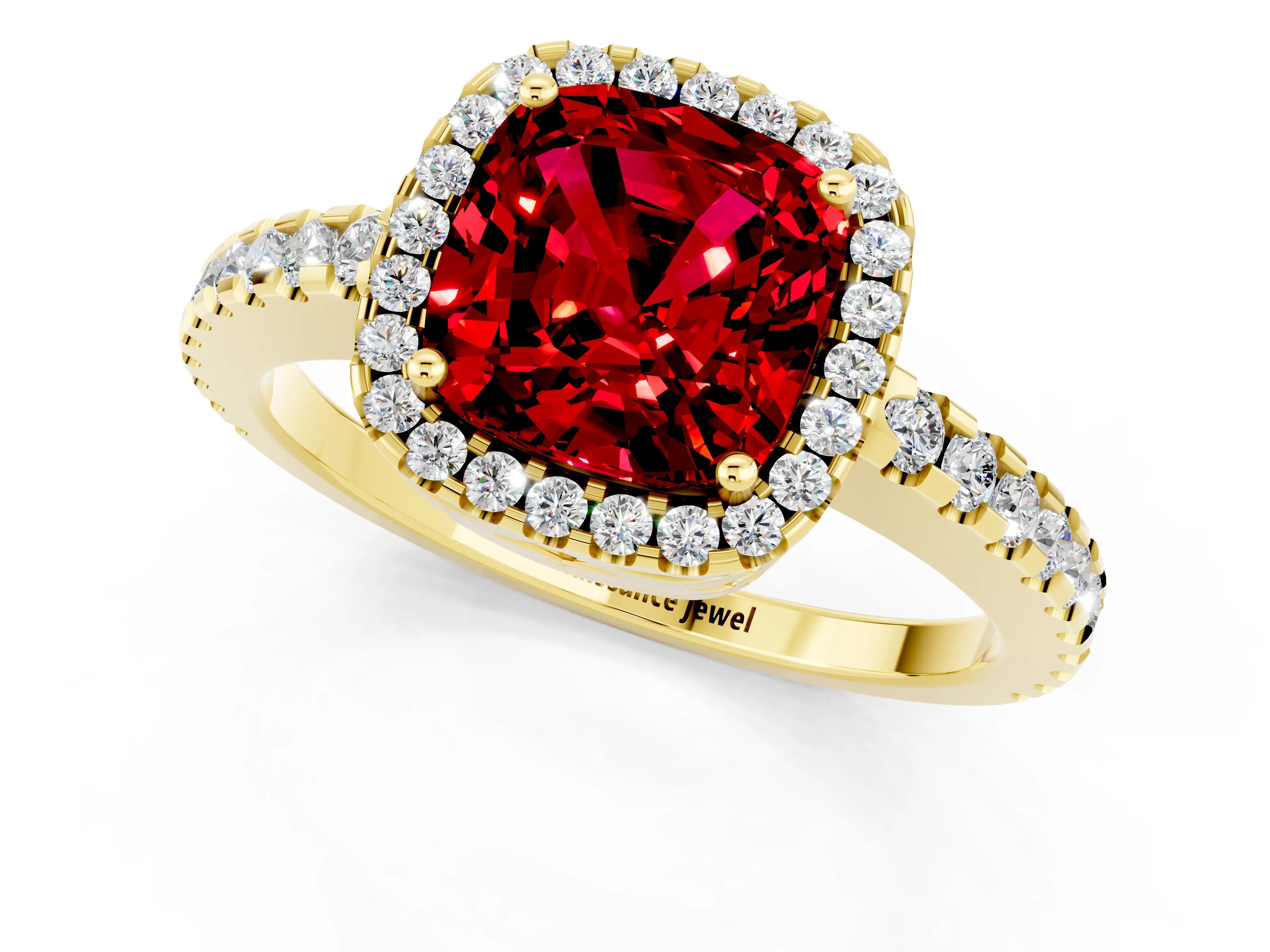 Yellow gold Cushion Cut Ruby Halo Engagement Ring with Pavé Band and Prong Setting_13