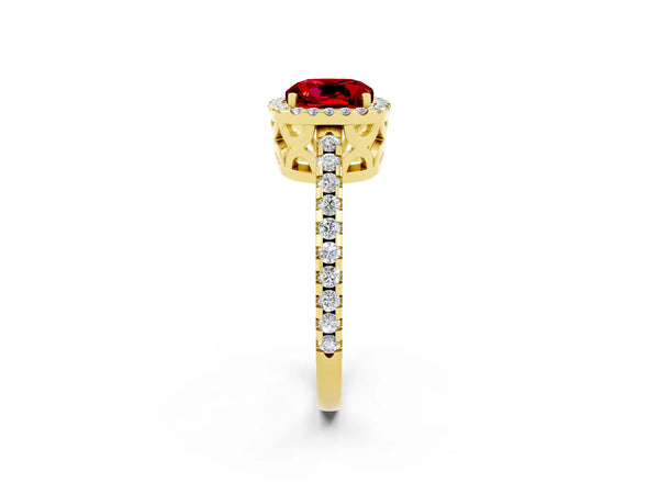 Yellow gold Cushion Cut Ruby Halo Engagement Ring with Pavé Band and Prong Setting