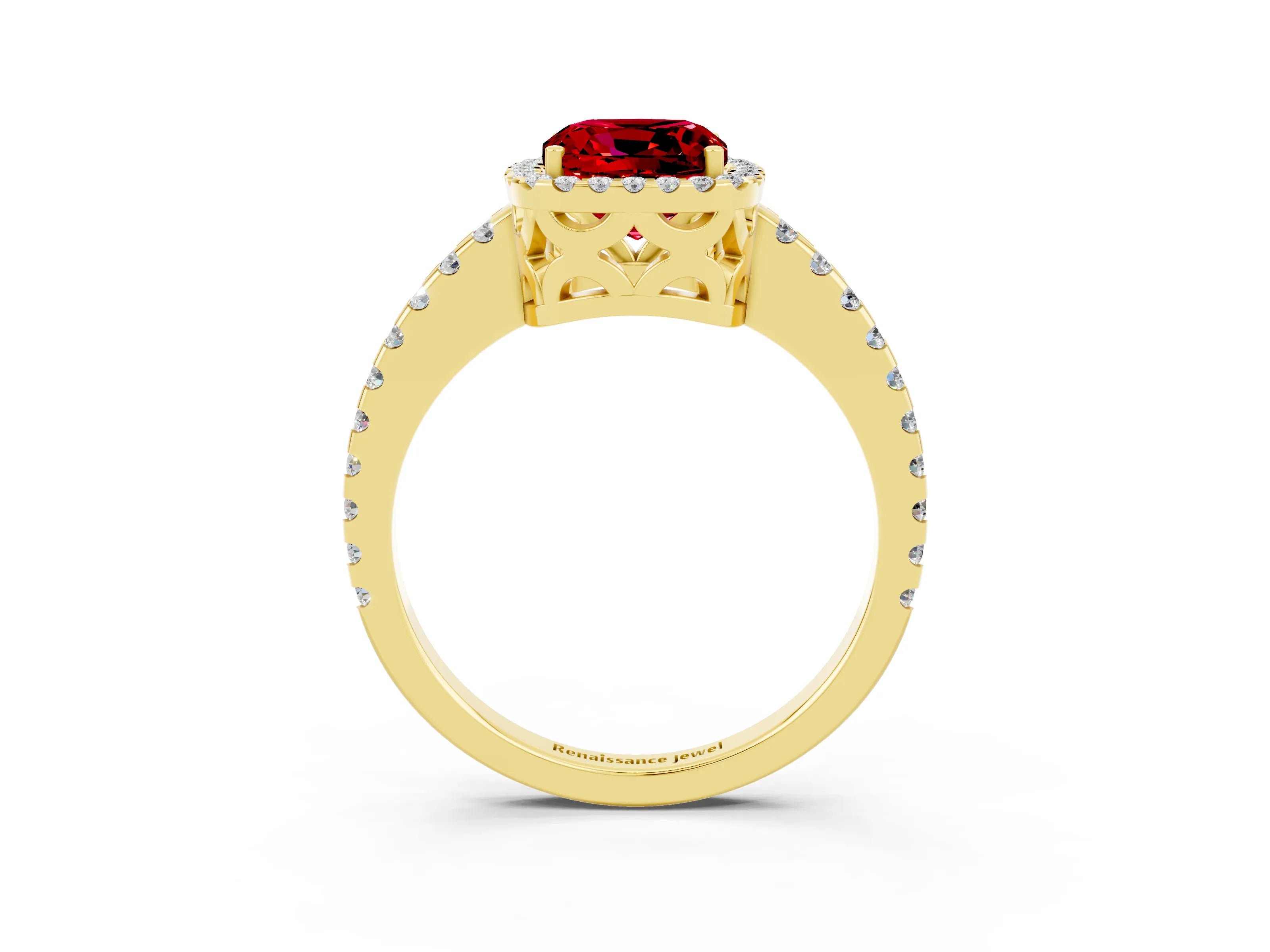 Yellow gold Cushion Cut Ruby Halo Engagement Ring with Pavé Band and Prong Setting_15
