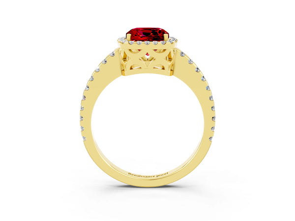 Yellow gold Cushion Cut Ruby Halo Engagement Ring with Pavé Band and Prong Setting