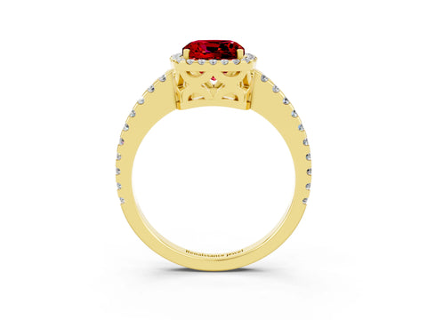 Yellow gold Cushion Cut Ruby Halo Engagement Ring with Pavé Band and Prong Setting_15
