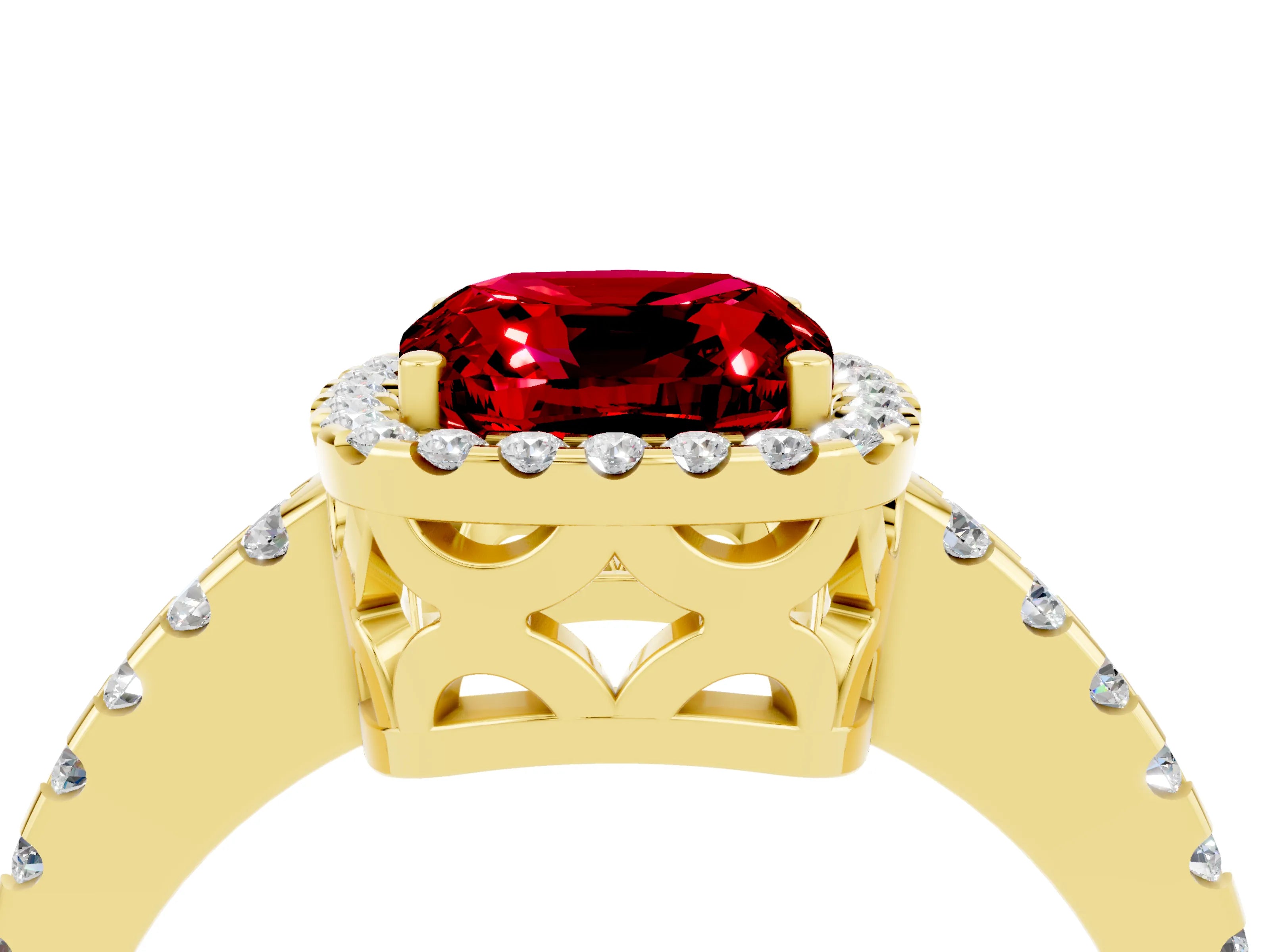 Yellow gold Cushion Cut Ruby Halo Engagement Ring with Pavé Band and Prong Setting_16