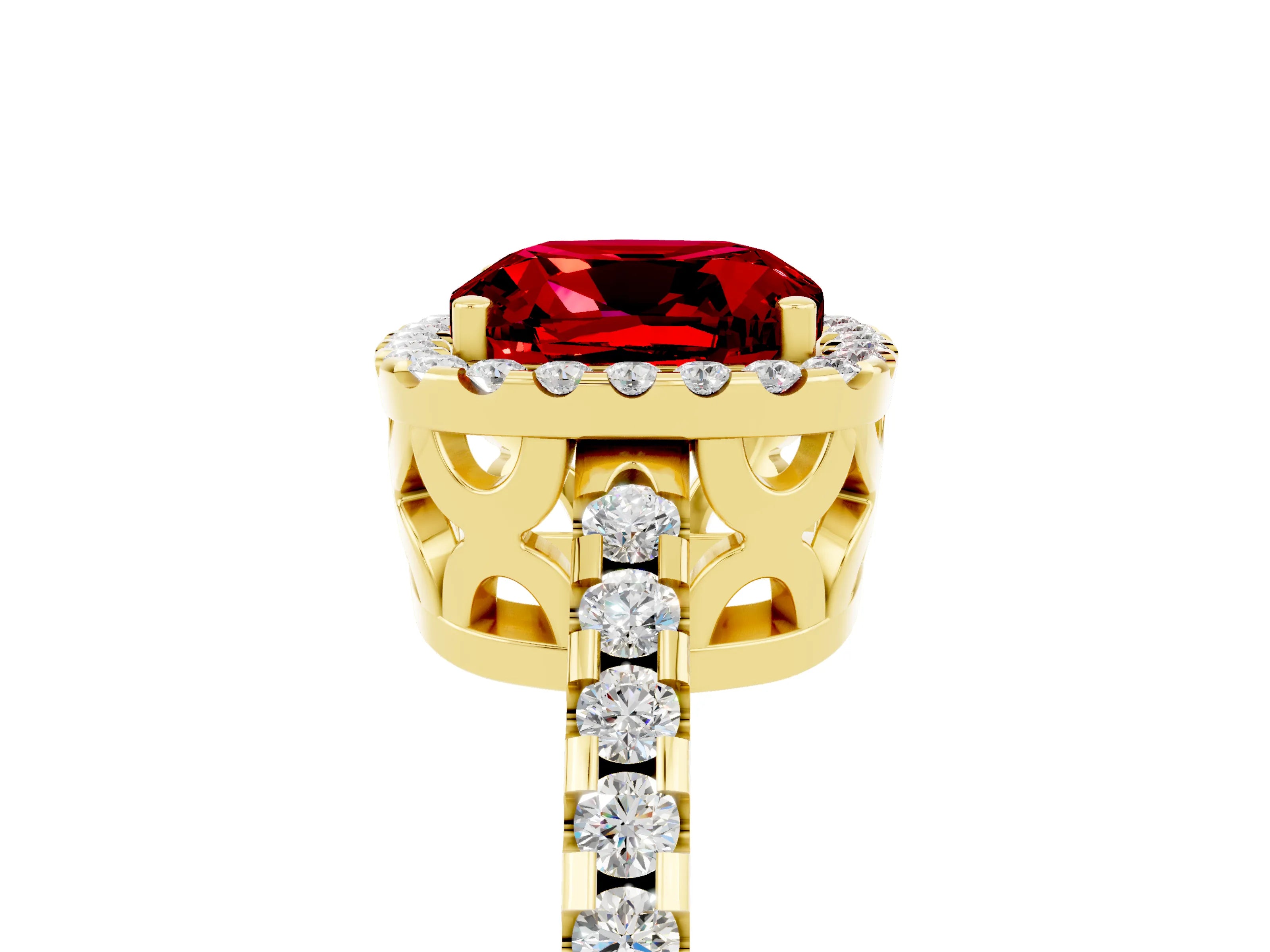 Yellow gold Cushion Cut Ruby Halo Engagement Ring with Pavé Band and Prong Setting_17