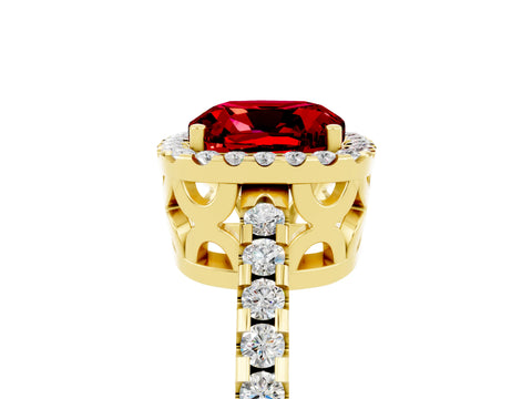Yellow gold Cushion Cut Ruby Halo Engagement Ring with Pavé Band and Prong Setting_17