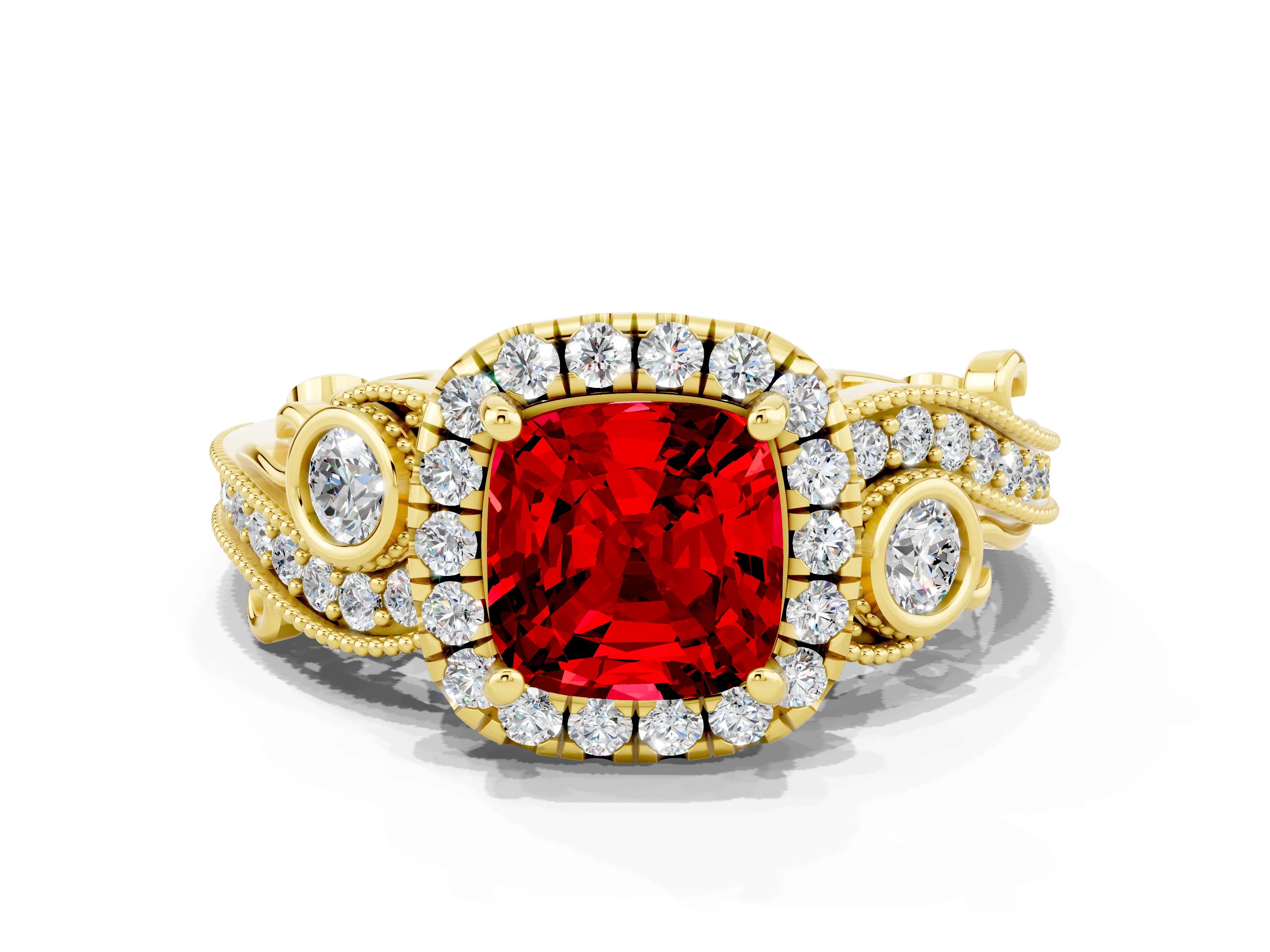 Yellow gold Cushion Cut Ruby Halo Ring with Milgrain Pavé Band and Four-Prong Setting_24
