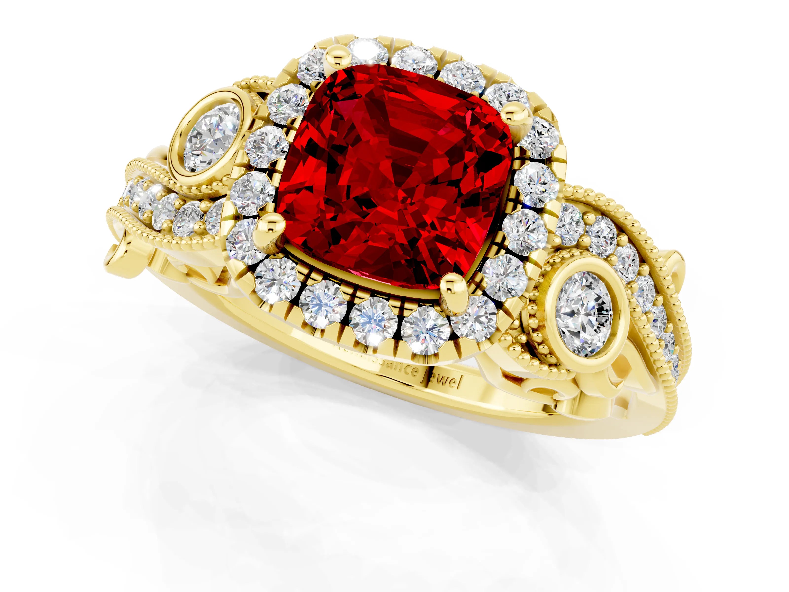 Yellow gold Cushion Cut Ruby Halo Ring with Milgrain Pavé Band and Four-Prong Setting_25