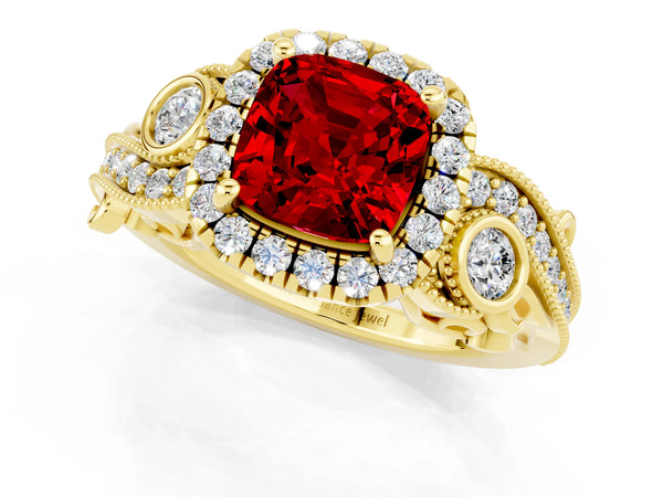 Yellow gold Cushion Cut Ruby Halo Ring with Milgrain Pavé Band and Four-Prong Setting