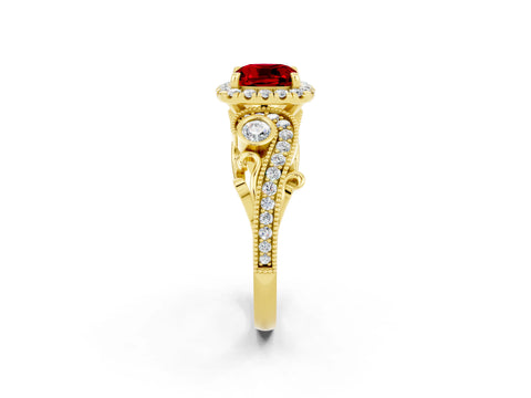 Yellow gold Cushion Cut Ruby Halo Ring with Milgrain Pavé Band and Four-Prong Setting_26
