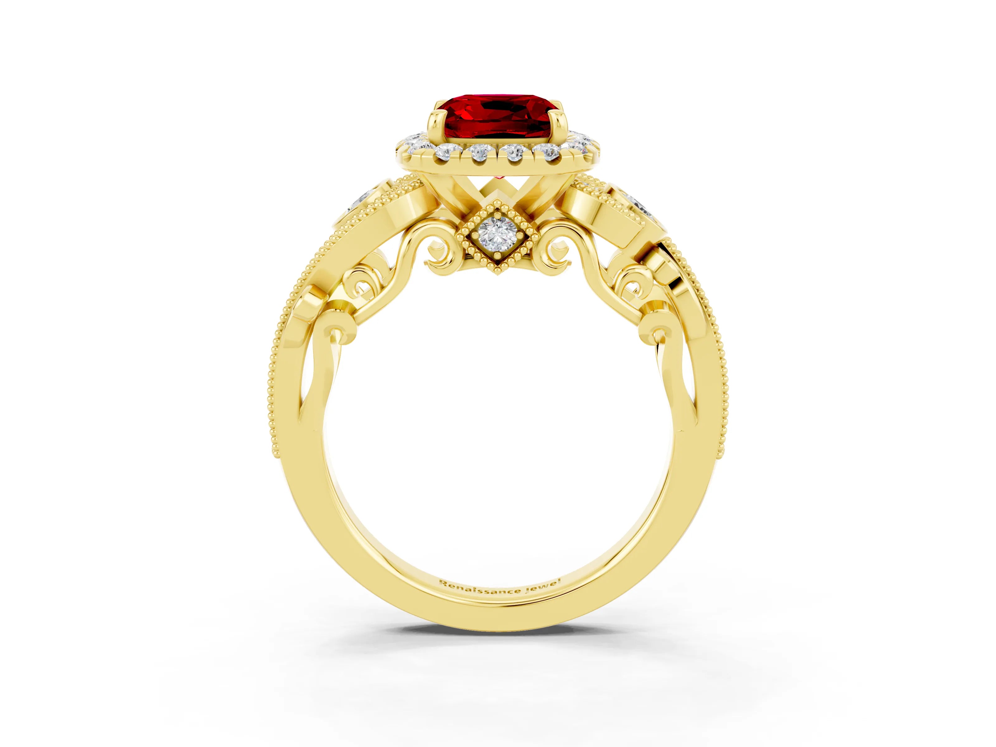 Yellow gold Cushion Cut Ruby Halo Ring with Milgrain Pavé Band and Four-Prong Setting_27